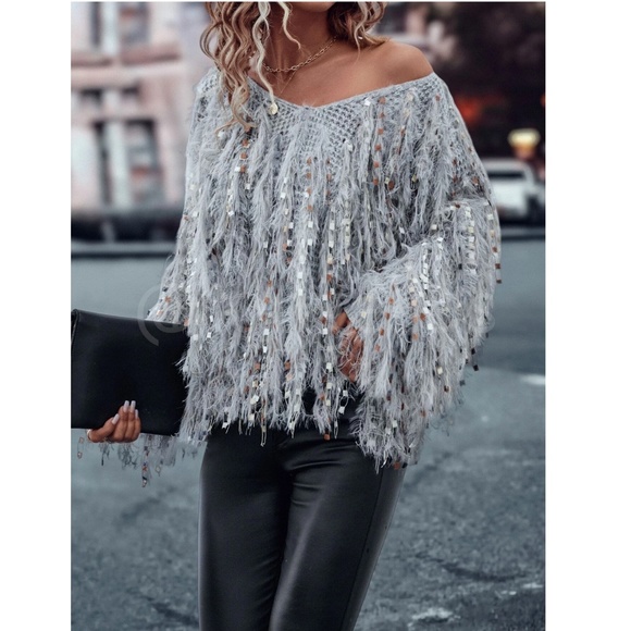 Fun Fuzzy Embellished Pullover Sweater V-Neck Grey - Picture 6 of 11